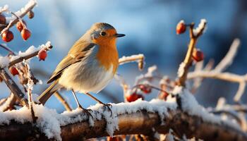 ai genererad söt Sparv perching på snöig gren, vinter- naturlig skönhet genererad förbi ai foto