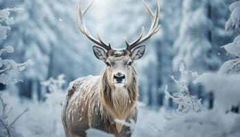 ai genererad en söt rådjur i de snöig skog, ser på kamera genererad förbi ai foto