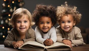 ai genererad leende Pojkar och söt tjejer, lycka i barndom, läsning bok genererad förbi ai foto