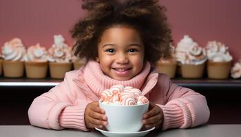 ai genererad leende söt flickor njuter choklad, marshmallow, och godis inomhus genererad förbi ai foto
