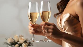 ai genererad ung vuxna fira med champagne, toasting till kärlek och lycka genererad förbi ai foto