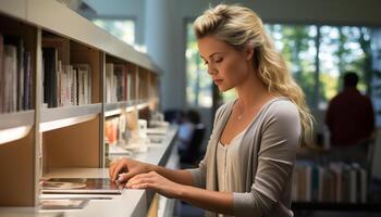 ai genererad ung kvinna studerar i en bibliotek, välja en bok till läsa genererad förbi ai foto
