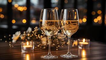ai genererad lyx firande vin, champagne, elegans, romantik, lysande levande ljus genererad förbi ai foto