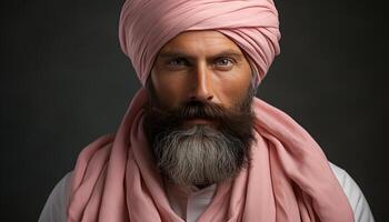 ai genererad en självsäker man med en skägg och turban, ser allvarlig genererad förbi ai foto