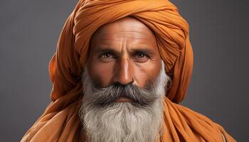 ai genererad en klok sikh guru, med en turban, ser på kamera genererad förbi ai foto