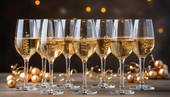 ai genererad lyx firande champagne, vin, fest, elegant glasögon, gyllene tabell genererad förbi ai foto