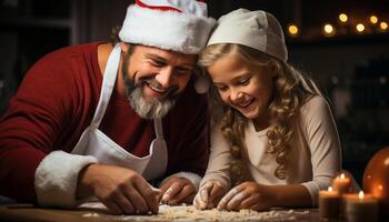 ai genererad far och dotter bindning, bakning småkakor, spridning jul glädje genererad förbi ai foto