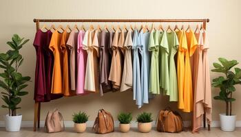 ai genererad mode Lagra visas modern Kläder samling i en mängd av färger genererad förbi ai foto