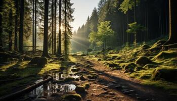 ai genererad lugn scen av natur skönhet skog, fjäll, och solljus genererad förbi ai foto