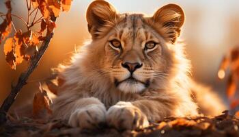 ai genererad majestätisk lejon vilar i de savann, dölja i gräs genererad förbi ai foto