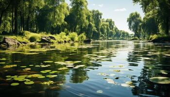 ai genererad lugn damm speglar grön skog, skönhet i natur tystnad genererad förbi ai foto