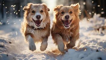 ai genererad söt valp spelar i de snö, renrasig hund leende lyckligt genererad förbi ai foto