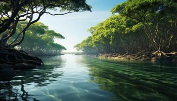 ai genererad lugn scen blå vatten speglar skönhet i natur landskap genererad förbi ai foto