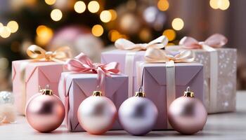 ai genererad jul gåva låda med skinande guld dekoration och färgrik ornament genererad förbi ai foto