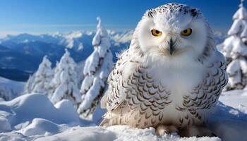 ai genererad snöig Uggla uppflugen på gren, majestätisk jägare i vinter- landskap genererad förbi ai foto