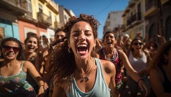 ai genererad ung vuxna njuter en roligt, glad musik festival utomhus genererad förbi ai foto