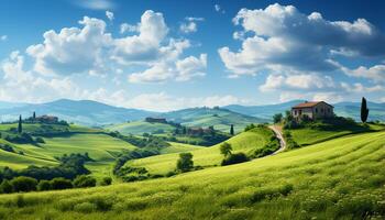 ai genererad idyllisk italiensk landsbygden rullande landskap, vingårdar, och rustik bondgårdar genererad förbi ai foto