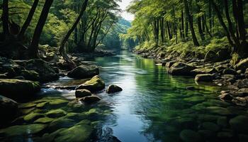 ai genererad lugn scen natur skönhet, strömmande vatten, grön träd, reflekterande solljus genererad förbi ai foto