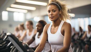 ai genererad ung kvinnor i sporter Kläder utövar inomhus på de Gym genererad förbi ai foto