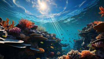 ai genererad under vattnet rev, fisk, natur, korall, vatten, djur, djup blå genererad förbi ai foto