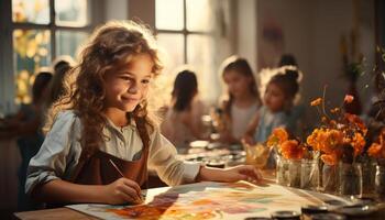 ai genererad leende flickor njuter kreativitet, målning tillsammans i glad klassrum genererad förbi ai foto