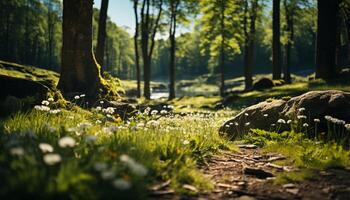 ai genererad lugn scen grön äng, vildblommor, och gammal bruka i natur genererad förbi ai foto