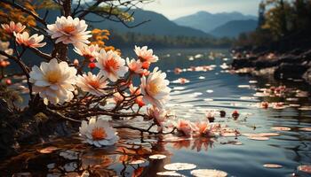 ai genererad de skönhet av natur reflekterad i lugn damm, blomstrande blommor genererad förbi ai foto