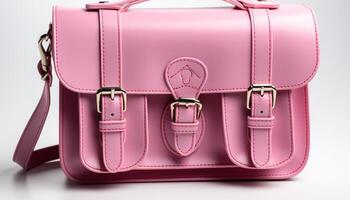 ai genererad rosa resväska med läder hantera, en modern resa tillbehör genererad förbi ai foto
