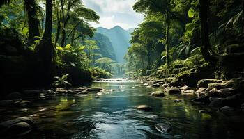 ai genererad lugn scen grön skog, strömmande vatten, majestätisk berg, höst färger genererad förbi ai foto