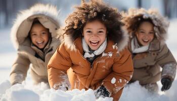 ai genererad leende barn spelar i snö, glad vinter- roligt utomhus genererad förbi ai foto