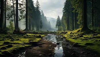 ai genererad lugn scen natur skönhet reflekterad i vatten, skog, och bergen genererad förbi ai foto
