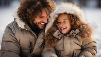 ai genererad leende familj omfamnar vinter, njuter utomhus med kärlek och glädje genererad förbi ai foto