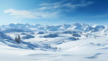ai genererad lugn vinter- landskap snöig berg, blå himmel, fredlig skog genererad förbi ai foto