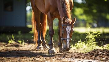 ai genererad häst betning i äng, njuter de skönhet av natur genererad förbi ai foto