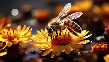 ai genererad en gul bi pollinerar en vibrerande blomma i natur genererad förbi ai foto
