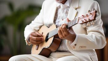 ai genererad ett musiker spelar gitarr, skickligt plockning strängar med njutning genererad förbi ai foto