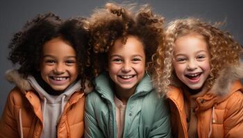 ai genererad leende barn spelar utomhus, njuter natur värme och samhörighet genererad förbi ai foto