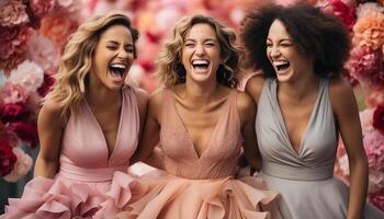 ai genererad ung kvinnor i elegant klänningar njut av en sorglös sommar fest genererad förbi ai foto