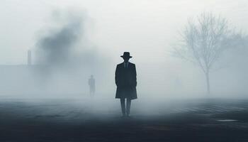 ai genererad en affärsman stående ensam i en dimmig skog, innehav mysterium genererad förbi ai foto