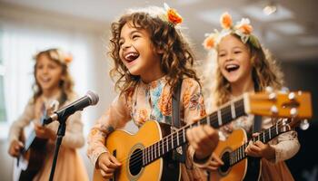ai genererad barn spelar gitarr, leende, lycka, musiker, musikalisk instrument, roligt genererad förbi ai foto