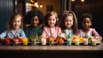 ai genererad leende barn innehav jordgubbar, fira vänskap och samhörighet inomhus genererad förbi ai foto