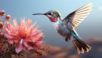 ai genererad kolibri flygande, vibrerande färger, pollinerande blomma, skönhet i natur genererad förbi ai foto