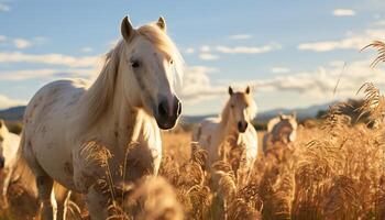 ai genererad hästar betning i äng, natur skönhet på solnedgång genererad förbi ai foto