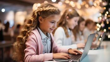 ai genererad leende flickor studerar tillsammans, använder sig av bärbara datorer i en klassrum genererad förbi ai foto