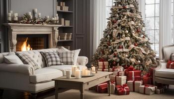 ai genererad mysigt levande rum, upplyst träd, jul firande, bekväm soffa genererad förbi ai foto