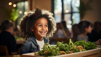 ai genererad leende barn njuter friska måltid i mysigt kök med familj genererad förbi ai foto