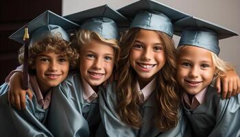 ai genererad leende skola barn i enhetlig fira gradering Framgång tillsammans genererad förbi ai foto