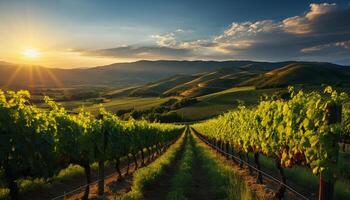 ai genererad lugn vingård landskap på solnedgång, natur idyllisk vinframställning friskhet genererad förbi ai foto