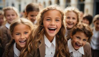ai genererad grupp av glad barn spelar utomhus, leende och ser på kamera genererad förbi ai foto