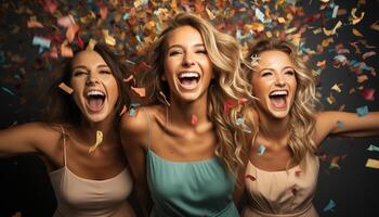 ai genererad ung kvinnor njut av en roligt, glad fest med konfetti faller genererad förbi ai foto
